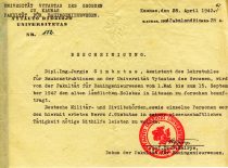 Pažymėjimas, išduotas asistentui J. Gimbutui, su Statybos fakulteto dekano prof. S. Kairio parašu, 1942 m. (Originalas – KTU muziejuje)