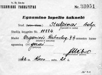 B. Stulpino egzaminų lapelis su J. Vėbros parašu, 1942 m.