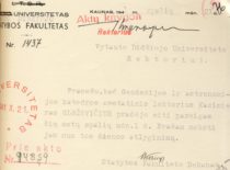 Statybos fakulteto dekano prof. S. Kairio raštas VDU rektoriui, kad K. Sleževičius pradėjo dirbti neetatiniu lektoriumi, 1941 m. spalio 21 d. (Originalas – KTU archyve)