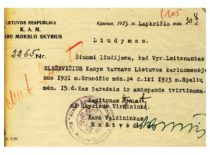 Liudijimas apie K. Sleževičiaus tarnybą Lietuvos kariuomenėje, 1923 m. (Originalas – KTU archyve)
