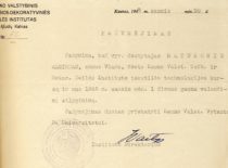 Kauno valstybinio taikomosios-dekoratyvinės dailės instituto pažymėjimas, kad A. Matukonis dėsto institute ir gauna valandinį atlyginimą, 1948 m. (Originalas – KTU archyve)