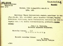 LSSR Švietimo liaudies komisaro A. Venclovos įsakymas apie prof. A. Purėno paskyrimo Kauno universiteto rektoriumi, 1940 m. rugpjūčio 31 d. (Originalas – KTU archyve)