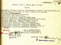 Švietimo ministro J. Ambrazevičiaus įsakymas apie rektoriaus A. Purėno, prorektorių ir dekanų atleidimą, 1941 m. liepos 10 d. (Originalas – KTU archyve)