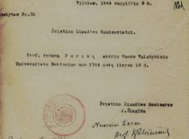 LSSR Švietimo liaudies komisaro J. Žiugždos įsakymas apie prof. A. Purėno paskyrimo Kauno universiteto rektoriumi, 1944 m. rugpjūčio 8 d. (Originalas – KTU archyve)
