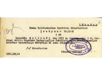 Kauno politechnikos instituto direktoriaus prof. K. Bar&scaron;ausko įsakymas apie R. Baltru&scaron;io paskyrimą vyr. dėstytoju, 1951 m. (KTU archyvas)