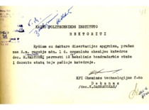 KPI Cheminės technologijos fakulteto dekano doc. K. Sasnausko pra&scaron;ymas rektoriui paskirti R. Baltru&scaron;į docentu, 1970 m. (KTU archyvas)
