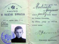 Kauno III gimnazijos mokinio M. Martynaičio asmens liudijimas, 1935 m.