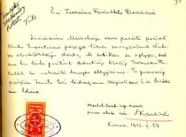 L. Kaulakio prašymas Technikos fakulteto dekanui dėl pervedimo į antraeiles pareigas, 1938 m. (Originalas – KTU archyve)