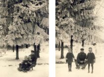 J. Sasnauskas su dvyniais Telšių parke, 1927 m. (Iš Sasnauskų šeimos archyvo)