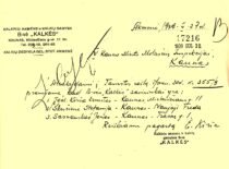 Raštas Kauno m. inspekcijai, liudijantis, kad bendrovės „Kalkės“ savininkai yra Ernestas Kirša, Stefanija Skučienė ir Jonas Sasnauskas, 1939 m. (Originalas Kauno regioniniame valstybės archyve)