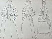XVII a. Europos moterų apranga. M. Matušakaitės piešinys, 1981 m. (Originalas – KTU muziejuje)