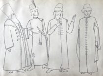 XVII a. Rusijos bojarinų vyrų apranga. M. Matušakaitės piešinys, 1981 m. (Originalas – KTU muziejuje)