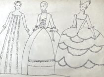 XVIII a. Europos aukštuomenės moterų apranga. M. Matušakaitės piešinys, 1981 m. (Originalas – KTU muziejuje)