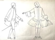 XVIII a. Europos aukštuomenės vyrų apranga. M. Matušakaitės piešinys, 1981 m. (Originalas – KTU muziejuje)
