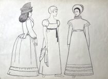 XVIII a. Europos miestiečių moterų apranga. M. Matušakaitės piešinys, 1981 m. (Originalas – KTU muziejuje)