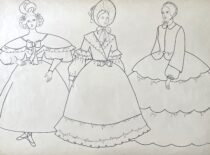 XIX a. I pusės Europos aukštuomenės moterų apranga. M. Matušakaitės piešinys, 1981 m. (Originalas – KTU muziejuje)