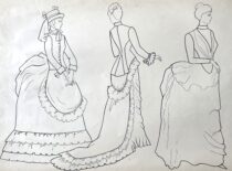 XIX a. II pusės Europos aukštuomenės moterų apranga. M. Matušakaitės piešinys, 1981 m. (Originalas – KTU muziejuje)