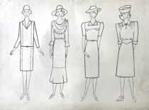 XX a. 3-4 dešimtmečių Europos moterų apranga. M. Matušakaitės piešinys, 1981 m. (Originalas – KTU muziejuje)