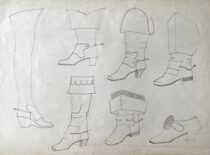 XVII a. I pusės vyrų apavas. M. Matušakaitės piešinys, 1981 m. (Originalas – KTU muziejuje)