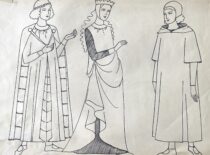 XIII amžiaus apranga. M. Matušakaitės piešinys, 1981 m. (Originalas – KTU muziejuje)