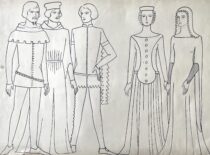 XIV a. vyrų ir moterų apranga. (M. Matušakaitės piešinys, 1981 m. (Originalas – KTU muziejuje)