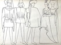 XV a. vyrų ir moterų apranga. (M. Matušakaitės piešinys, 1981 m. (Originalas – KTU muziejuje)