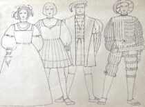 XVI a. miestiečių apranga. (M. Matušakaitės piešinys, 1981 m. (Originalas – KTU muziejuje)