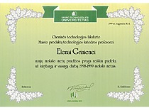 KTU rektoriaus padėka prof. E. Grinienei, 1999 m. (E. Grinienės šeimos archyvas)