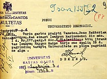 Lietuvos universiteto Matematikos-gamtos fakulteto dekano prof. Z. Žemaičio prašymas rektoriui dėl doc. Kazimiero Sleževičiaus darbo, 1923 m. (Originalas – KTU archyve)