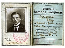 Lietuvos universiteto studento Kazimiero Baršausko pažymėjimas, 1926 m. (Originalas – KTU muziejuje)
