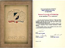 Rygos technikos universiteto sveikinimas KTU įkūrimo 75-ųjų metinių proga, 1997 m. (Originalas – KTU muziejuje)