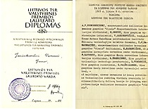 Doc. V. Jasiukevičiaus Lietuvos SSR valstybinės premijos laureato diplomas, 1985 m. (L. Kudarienės šeimos archyvas)