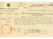 &Scaron;vietimo vadybos Auk&scaron;tojo mokslo departamento direktoriaus A. Ju&scaron;kos ra&scaron;tas VDU rektoriui dėl J. Matulionio darbo antraeilėse pareigose, 1942 m. (KTU archyvas)