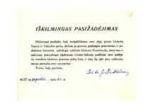 J. Indriūno i&scaron;kilmingas pasižadėjimas, 1939 m. (KTU archyvas)