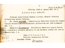 &Scaron;vietimo generalinio tarėjo P. Germanto įsakymas apie J. Indriūno laikiną skyrimą Tekstilės technologijos katedros ekstraordinariniu profesoriumi, 1942 m. liepa (KTU archyvas)