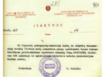 Lietuvos SSR Auk&scaron;tojo ir specialiojo vidurinio mokslo ministro H. Zabulio įsakymas apie prof. J. Matulionio apdovanojimą Garbės ra&scaron;tu, 1976 m. (KTU archyvas)