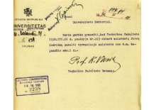 Technikos fakulteto dekano prof. K. Vasiliausko ra&scaron;tas apie J. Indriūno paskyrimą vyresniuoju asistentu, 1930 m. (KTU archyvas)