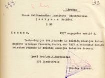 KPI direktoriaus K. Bar&scaron;ausko įsakymas apie E. Pacausko paskyrimą docentu, 1957 m. (KTU archyvas)