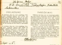 B. Stulpino parei&scaron;kimas, kad jo &scaron;eimoje nėra žydų tautybės asmenų, 1942 m. (KTU archyvas)