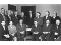 KPI rektorius K.Bar&scaron;auskas su prorektoriais ir dekanais, 1963 m. I eilėje (i&scaron; kairės): P. &Scaron;venčianas, O. Tučaitė, R. Chomskis, K. Bar&scaron;auskas, M. Martynaitis, S. Vabalevičius; II eilėje: J. Venskevičius, N. Vabalis, E. Vaineikis, N. Milenskis, H. Petrusevičius, L. Kumpikas, Č. Jakimavičius, B. Martinėnas. (KTU muziejus)